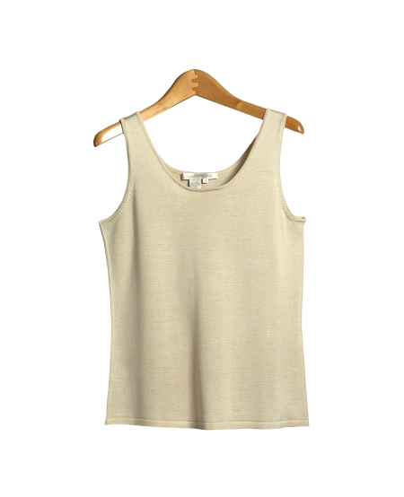 This scoop neck tank top is made of 100% silk in fine 14 gauge flat knit.  It has a subtle waist shape and a straight bottom.  With its silky smooth feel, this tank drapes nicely and is never clingy.  Our basic tank top is a top you'll want to wear all-year-round.  Mid-hip Length: 22"-22 1/2" long.  Available in sizes XS(4) to Plus Size 1X(16W-18W).  Dry clean or hand-wash cold and lay flat to dry.

Display Picture Color: Beige