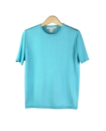 This short sleeve jewel neck sweater has a narrow rib-banded bottom, cuffs and a finely ribbed jewel neck. It is 100% silk, tightly knitted in fine 14 gauge smooth flat knit.  This style has a sporty look and an easy fit.  The crew neck sweater has a silky smooth feel that allows it to drape nicely; it is never clingy.  It is a favorite all-year-round sweater because of its classic style and comfort.  This sweater works beautifully with jackets, blazers, suits, trousers and jeans.  

Mid hip length.  Hand wash cold and lay flat to dry or dry clean. 

DISPLAY PICTURE COLOR: TURQUOISE