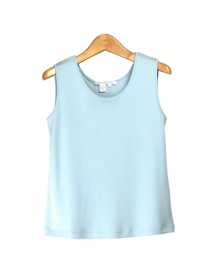 This women's silk/cotton fine knit sleeveless shell jersey is made of 70% silk and 30% cotton.  Our ultra soft, easy-fit and easy-care tank provides comfort and a luxurious look.  This high quality top works well as a layering piece. One of our customers' favorite pieces.  Available in sizes XS (4) to Extra Large (16-18).  Dry clean or hand-wash cold for best results.

Available in 12 colors: Aqua, Banana, Beige, Black, Bone, Chocolate, Cinnamon, Hot Pink, Marine Blue, Poppy, Red and Sky

Display Picture Color: SKY