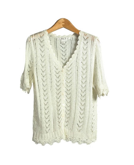 Our women's rayon crochet cardigan sweater is an elegant sweater with its ruffled sweetheart neckline and crochet design.  This half sleeve sweater works perfectly with our rayon camisole tank (ND257).  This cardigan set is ideal for a summer outfit.

Available in 5 colors: Black, Champagne, Silver, Taupe, and White.

Display Picture Color: WHITE