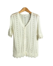 Our women's rayon crochet cardigan sweater is an elegant sweater with its ruffled sweetheart neckline and crochet design.  This half sleeve sweater works perfectly with our rayon camisole tank (ND257).  This cardigan set is ideal for a summer outfit.

Available in 5 colors: Black, Champagne, Silver, Taupe, and White.

Display Picture Color: WHITE