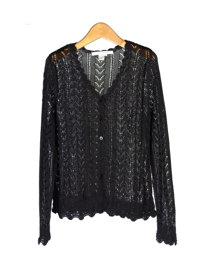 Our women's rayon ruffled sweetheart long sleeve crochet cardigan is an elegant sweater that works beautifully with our matching rayon camisole (ND257).  It is a light weight and beautiful piece that is perfect for the summer season.

Available in 4 colors: Black, Ivory, Silver, and White. 

Display Picture Color: BLACK