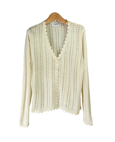 Our women's rayon crochet v-neck long sleeve cardigan is a delicate top with its elegant hand-crocheted lace trim.  This cardigan matches our rayon camisole tank (ND257) beautifully.  This is a beautiful cardigan for the summer season. 

Available in 5 colors: Black, Champagne, Ivory, Silver, and White.

Display Picture Color: WHITE