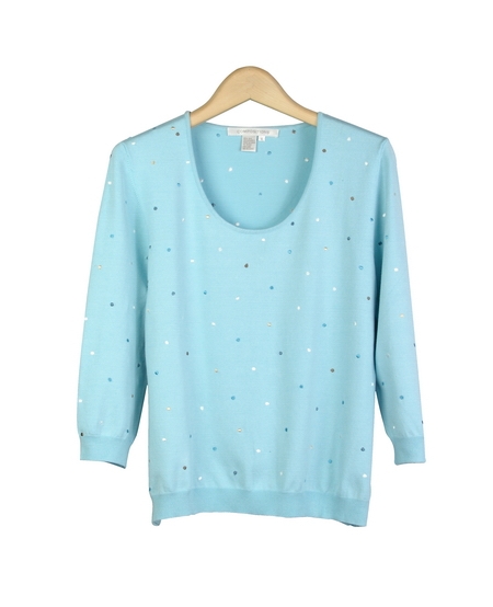 This silk/lycra scoop neck 3/4 sleeve sweater is cute and fashionable with its multi-colored dipping dots embroidery.  This colorful top will soon become your favorite shirt to wear during the spring season. Available in sizes S(6) to Plus Size 1X(16W-18W).  Hand-wash or dry clean for the best results.

Available in 9 Colors: Black, Cream, Ice Coffee, Ocean, Pink, Red, Sage, Sunburst, and Watermelon.

Display Picture Color: OCEAN