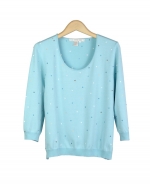 This silk/lycra scoop neck 3/4 sleeve sweater is cute and fashionable with its multi-colored dipping dots embroidery.  This colorful top will soon become your favorite shirt to wear during the spring season. Available in sizes S(6) to Plus Size 1X(16W-18W).  Hand-wash or dry clean for the best results.

Available in 9 Colors: Black, Cream, Ice Coffee, Ocean, Pink, Red, Sage, Sunburst, and Watermelon.

Display Picture Color: OCEAN