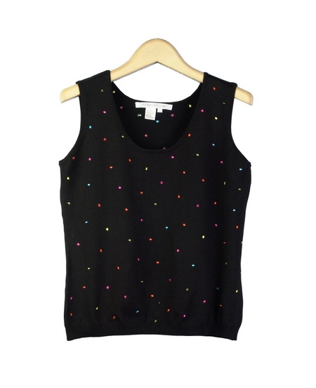 Composition's silk/lycra scoop neck t-shirt is cute and fashionable with its multi-colored dot embroidery. This colorful top will soon become your favorite tank to wear during the spring season. Our fun sleeveless shell works nicely with our matching multi-color-dotted cardigan as a sweater set. Available in sizes S(6) to Plus Size 1X(16W-18W). Hand-wash or dry clean for the best results.

Available in 9 Colors: Black, Cream, Ice Coffee, Ocean, Pink, Red, Sage, Sunburst, and Watermelon.

Display Picture Color: BLACK