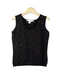 Composition's silk/lycra scoop neck t-shirt is cute and fashionable with its multi-colored dot embroidery. This colorful top will soon become your favorite tank to wear during the spring season. Our fun sleeveless shell works nicely with our matching multi-color-dotted cardigan as a sweater set. Available in sizes S(6) to Plus Size 1X(16W-18W). Hand-wash or dry clean for the best results.

Available in 9 Colors: Black, Cream, Ice Coffee, Ocean, Pink, Red, Sage, Sunburst, and Watermelon.

Display Picture Color: BLACK