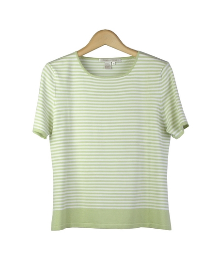 Silk nylon short sleeve jewel neck striped knit sweater top. Tightly knitted with good draping. Great for all occasions. Easy to match with jackets and bottoms. Hand wash or dry clean for best results. 

DISPLAY PICTURE COLOR: LIME/WHITE