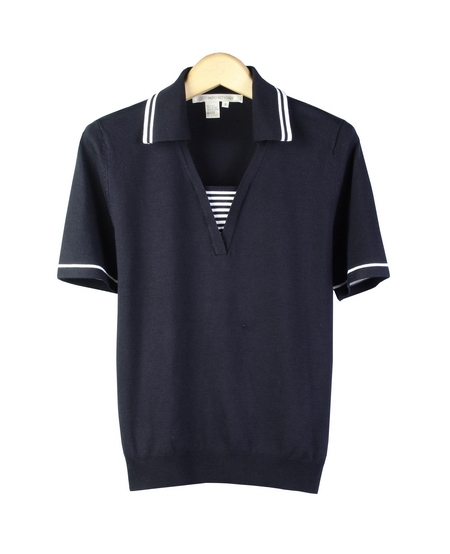 Silk nylon johnny collar short sleeve knit top with striped inset design. Great for all occasions. Easy to match with jackets and bottoms. Good draping. Hand wash or dry clean for best results.

DISPLAY PICTURE COLOR: BLACK/WHITE