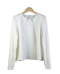 Composition's silk/nylon knit jewel neck long sleeve cardigan is a beautiful top that can be worn on all occasions. With its engraved embroidery, our top is comfortable as well as luxurious. Hand wash in cold water or dry clean for best results. 

Available in Beige, Black and White.

Display Picture Color: WHITE