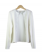 Composition's silk/nylon knit jewel neck long sleeve cardigan is a beautiful top that can be worn on all occasions. With its engraved embroidery, our top is comfortable as well as luxurious. Hand wash in cold water or dry clean for best results. 

Available in Beige, Black and White.

Display Picture Color: WHITE