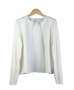 Composition's silk/nylon knit jewel neck long sleeve cardigan is a beautiful top that can be worn on all occasions. With its engraved embroidery, our top is comfortable as well as luxurious. Hand wash in cold water or dry clean for best results. 

Available in Beige, Black and White.

Display Picture Color: WHITE