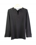 This beautiful silk/nylon split-jewel neck 3/4 sleeve knit sweater is engraved with a gorgeous classic embroidery. It is a beautiful top for dressing-up and dressing-down as well. Great for all occasions. Hand wash or dry clean for best results.

Available in Beige, Black and White.

DISPLAY PICTURE COLOR: BLACK

