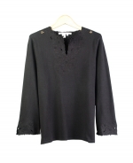 This beautiful silk/nylon split-jewel neck 3/4 sleeve knit sweater is engraved with a gorgeous classic embroidery. It is a beautiful top for dressing-up and dressing-down as well. Great for all occasions. Hand wash or dry clean for best results.

Available in Beige, Black and White.

DISPLAY PICTURE COLOR: BLACK
