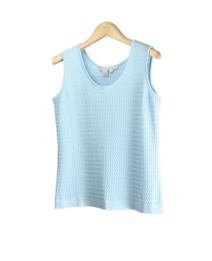 Our 100% cotton fine knit jacquard scoop neck tank top is perfect for the spring and summer season. Our top is classic for its intricate jacquard pattern. This is high quality sleeveless shell works well with many jackets and blazers, especially our dye-to-match knit jacket (CT11). Hand wash to clean or dry clean for best results. 

Available in 8 colors: Banana, Black, Coral, Ice Blue, Light Taupe, Pink, Sage, and
ICE BLUE.

Display Picture Color: ICE BLUE