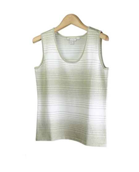 Compositions' silk/nylon scoop neck tank top is soft, comfortable, and fun. Our sleeveless shell has a unique stripe design and is available in fresh and rich colors, making this a spring and summer season must-have. This item works nicely as a layering piece, and can be worn with our matching zip jacket or open neck 3/4 sleeve sweater as gorgeous sweater sets. Hand-wash to clean or dry clean for best results. 

Available in 5 beautiful colors: Avocado, Black, Blue, Coral, and Ice Coffee. 

DISPLAY PICTURE COLOR: AVOCADO