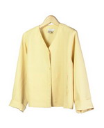 Our washable woven silk linen v-neck long sleeve jacket is unlined, short in length and wide chested so it has a relaxed fit. This jacket is luxurious because of its matte textured silk linen. It has a matching tank top, trousers and skirts, which can create beautiful outfits. Our silk linen jacket is perfect for the summer season. 21.5"-22.5" long. Dry clean, or machine/hand-wash in cold water.

DISPLAY PICTURE COLOR: BUTTER