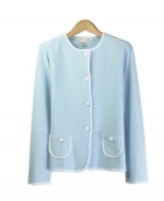 Our cotton/lycra fine knit jewel neck long sleeve cardigan is perfect for the spring and summer seasons. This high quality cardigan works well with many shells and bottoms. Hand wash to clean or dry clean for best results. 

Available in 3 colors: Black, Ice Blue, and Lime. 

DISPLAY PICTURE COLOR: Ice Blue