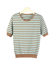 Our silk/cotton/cashmere jewel neck short sleeve striped sweater is great for all occasions. This crewneck sweater is easy-fit and clean shaped. Ultra soft and a comfortable, luxurious top for the fall and winter. Matches many jackets and pants easily. 

Dry clean for long lasting best results.  Or hand wash cold, lay flat to dry.  Steam or press the knit jacket with steam to achieve the original luxurious look and feel.

DISPLAY PICTURE COLOR: BROWN

DISPLAY PICTURE COLOR: BROWN/PEACOCK